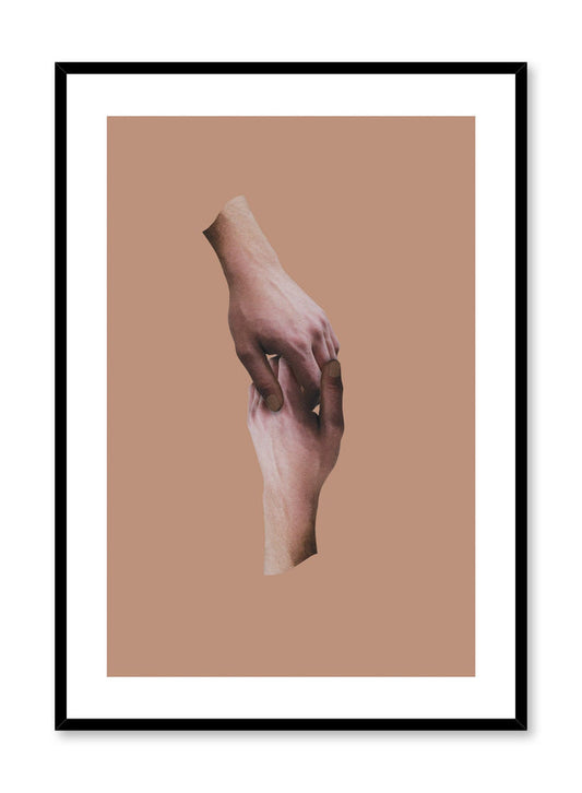 "I've Got You" is a minimalist beige and brown collage poster by Opposite Wall of cutout hands holding over a light brown background.