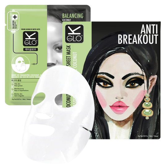 K-GLO® Anti-Breakout Coconut Bio-Cellulose Sheet Mask for glowing skin and breakout prevention in a beauty skincare product image.