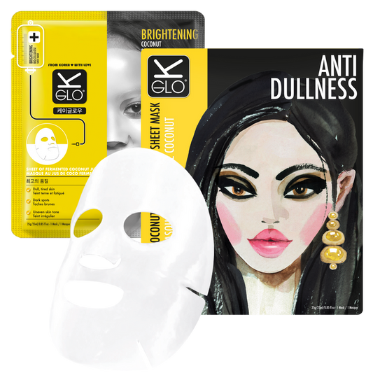 K-GLO® Anti-Dullness Coconut Bio-Cellulose Sheet Mask for revitalizing and hydrating skin, visible on a skincare product display
