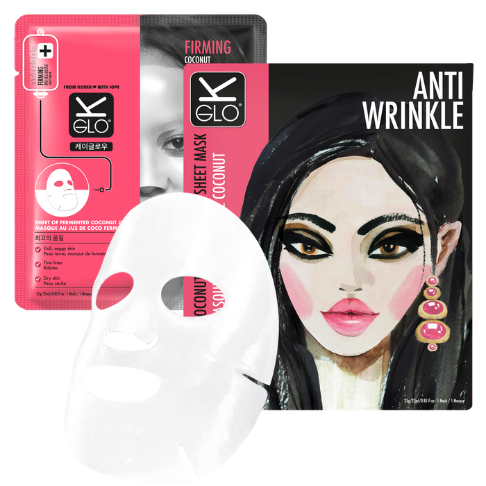 K-GLO® Anti-Wrinkle Coconut Bio-Cellulose Sheet Mask for skin care, featuring hydrating and rejuvenating coconut extract.