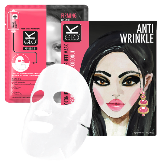K-GLO® Anti-Wrinkle Coconut Bio-Cellulose Sheet Mask for skin care, featuring hydrating and rejuvenating coconut extract.