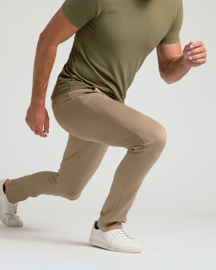 Khaki Slim Comfort Knit Chino Pant on person in active stride.
