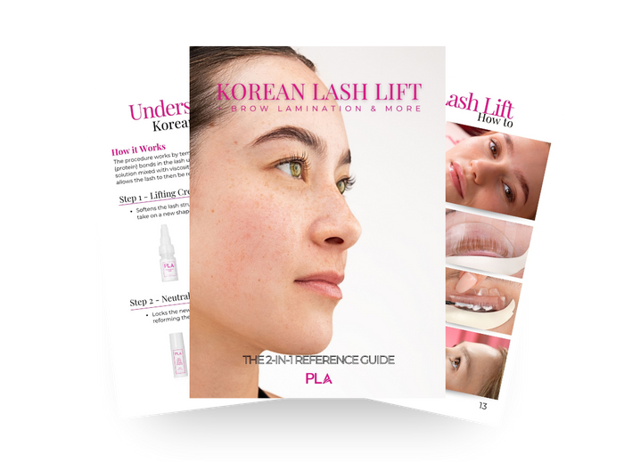 Korean lash lift reference guide with images of a woman's face on a white background
