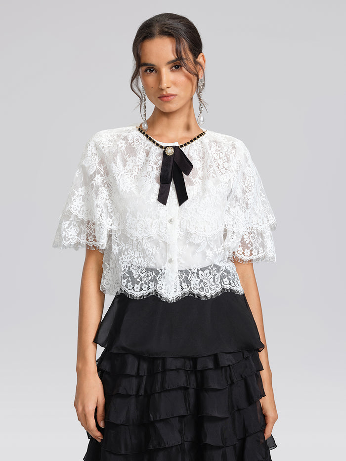 Lace Bow Tie French Style Blouse(Camisole Included)