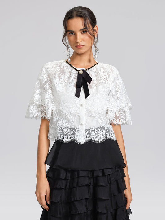 Lace Bow Tie French Style Blouse(Camisole Included)