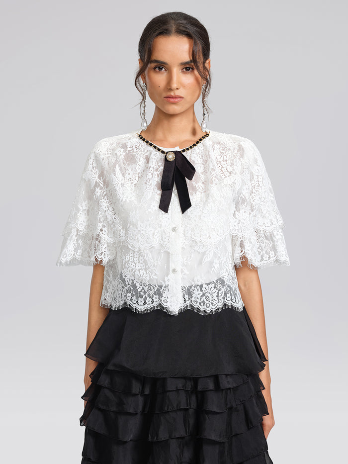 Lace Bow Tie French Style Blouse(Camisole Included)