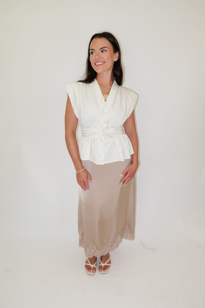 Lasting Impression Taupe Satin Lace Hem Midi Skirt - The Pink Tulip Clothing