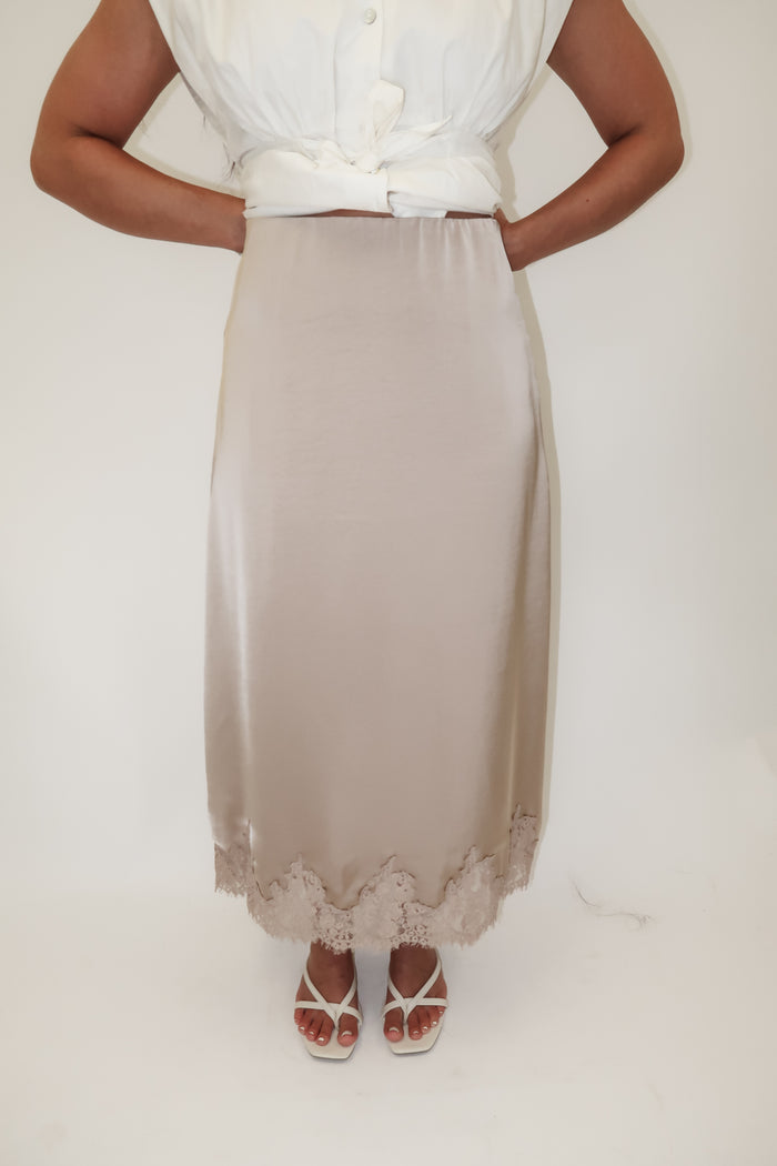 Lasting Impression Taupe Satin Lace Hem Midi Skirt - The Pink Tulip Clothing