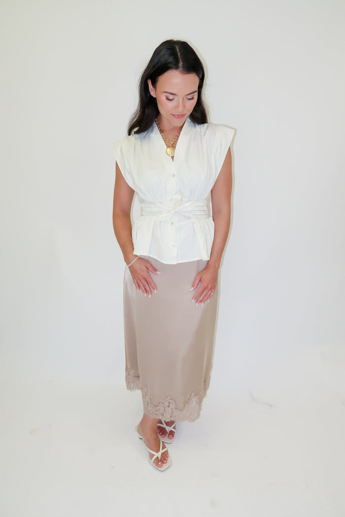 Lasting Impression Taupe Satin Lace Hem Midi Skirt - The Pink Tulip Clothing