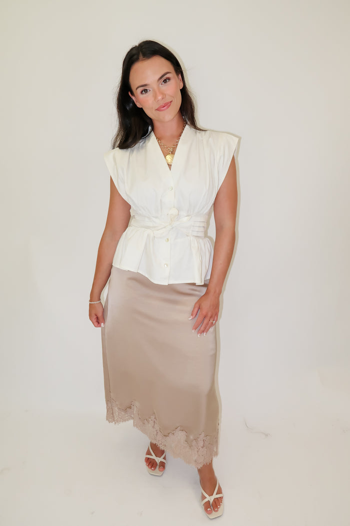 Lasting Impression Taupe Satin Lace Hem Midi Skirt - The Pink Tulip Clothing