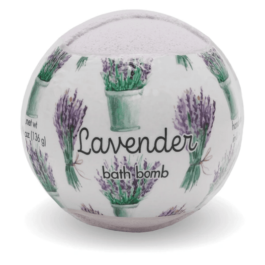 Lavender Bath Bombs | Primal Elements featuring a spherical bath bomb wrapped in a lavender-themed design with hand-drawn lavender bouquets for a relaxing skincare and body care experience.