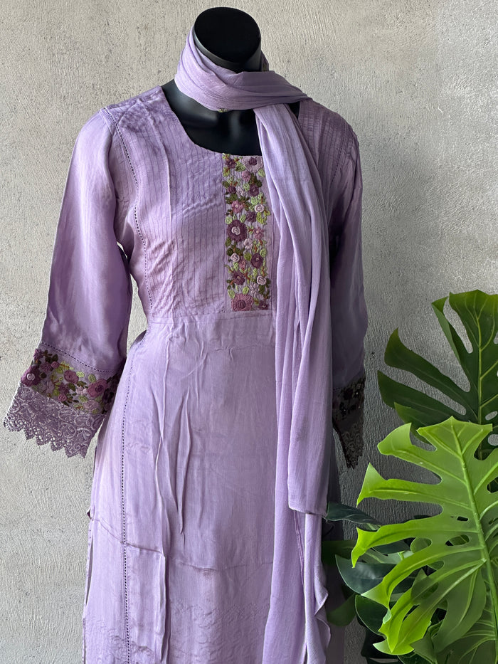 Lavender Lace and emb kurti pant set