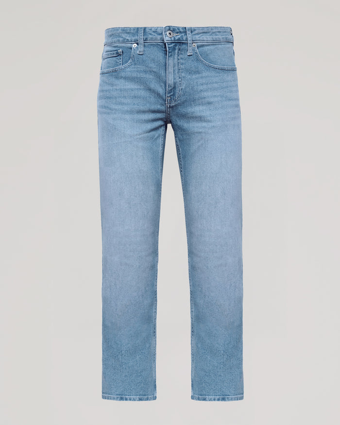 Light Indigo Wash Straight Authentic Denim Jeans with front button and zip closure.