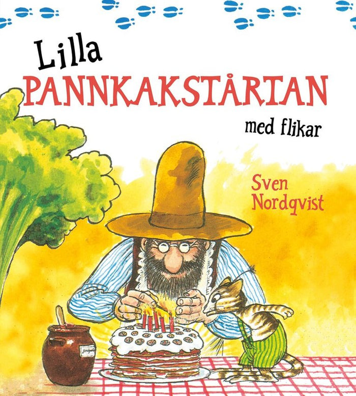 Lilla Pannkakstårtan med flikar – Swedish Pettson & Findus interactive board book cover by Sven Nordqvist, showing Pettson lighting candles on a pancake cake with Findus the cat watching, published by Opal 2024, ISBN 9789172268050