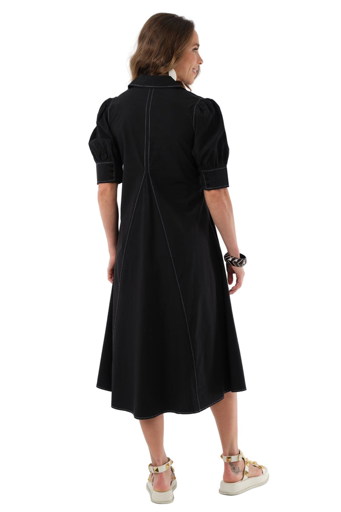 LIOR Women's Long Pointed Collar Black Dress With Puff Sleeves - "Amber"