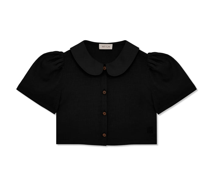 Má + Lin Frances Cropped Linen Blouse in Black