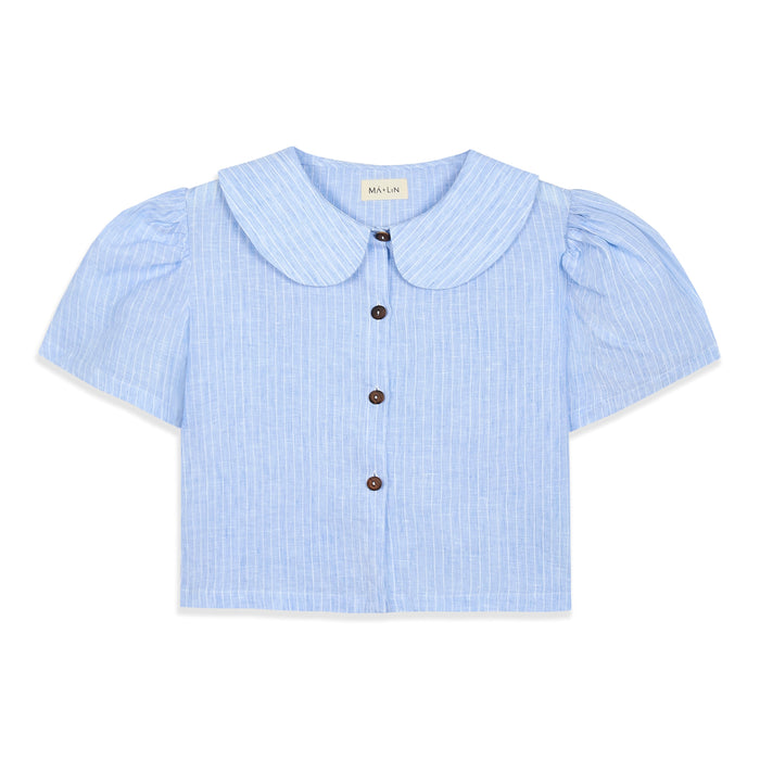 Má + Lin Frances Cropped Linen Blouse in Sky Blue Stripe
