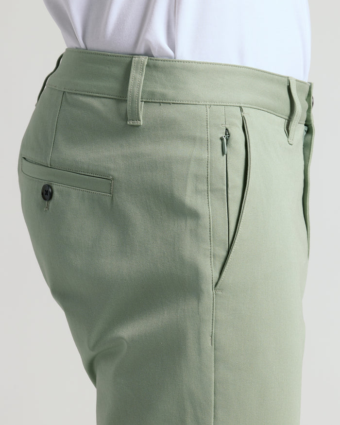 Meadow Slim Twill Chino Pant with zippered side pocket and buttoned back pocket.