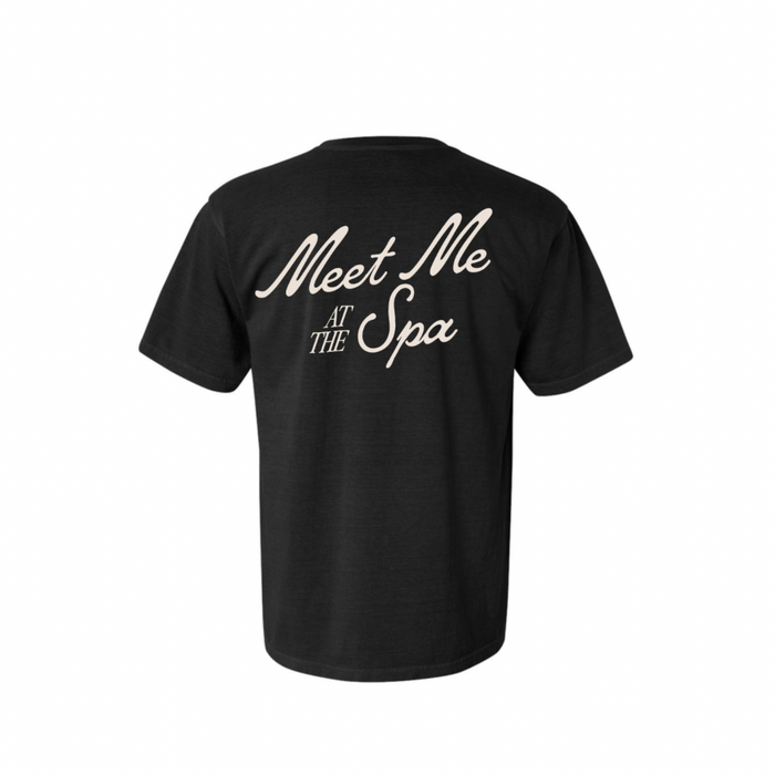 Black unisex t-shirt with retro-style cream lettering on the back reading "Meet Me At The Spa" featuring the full product title Meet Me At The Spa Retro Unisex T-Shirt | Lucky Owl.