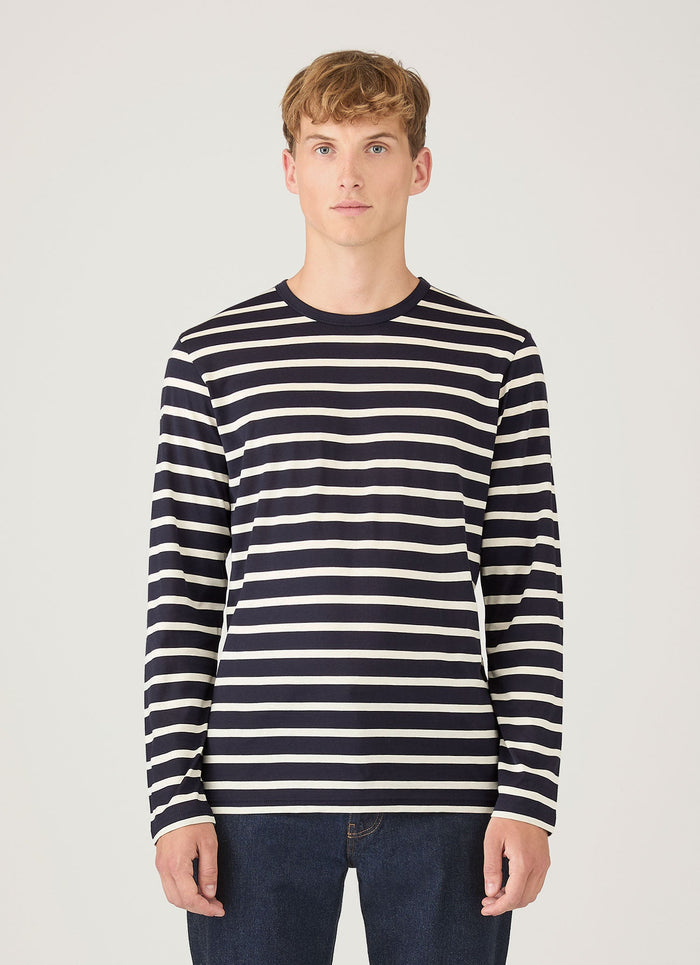 Men's Long Sleeve Classic T-shirt in Navy/Ecru Breton Stripe