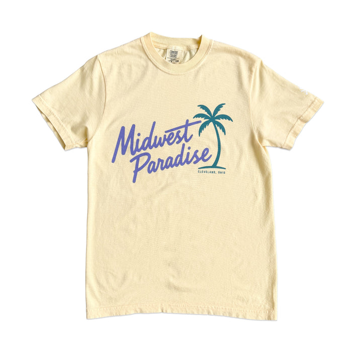 Midwest Paradise t-shirt featuring vintage-inspired travel artwork celebrating Midwest living, Great Lakes adventures, camping, and outdoor lifestyle