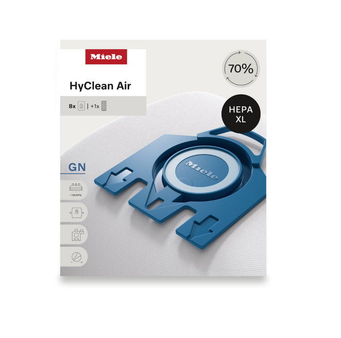 Miele HyClean Air HEPA XL filter packaging on a white background