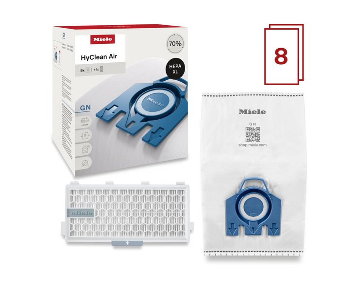 Miele GN Allergy XL HyClean Air 8 vacuum bags and a HEPA filter, SKU 12909780