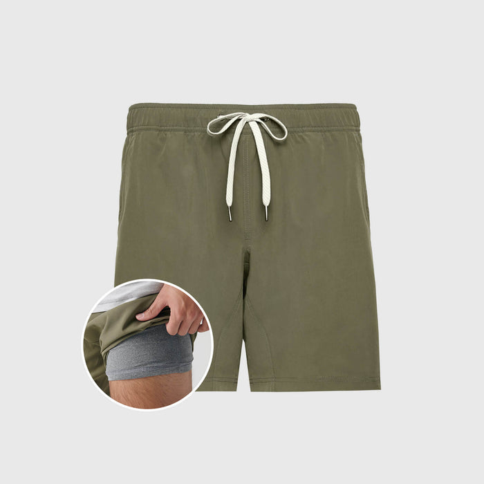 Military Green Active Quick Dry Shorts with Liner, featuring a visible gray stretch liner.