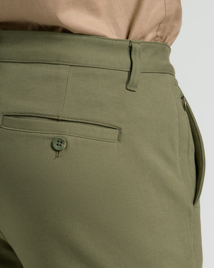 Military Green Slim Chino Pants 2.0 back detail with buttoned pocket.