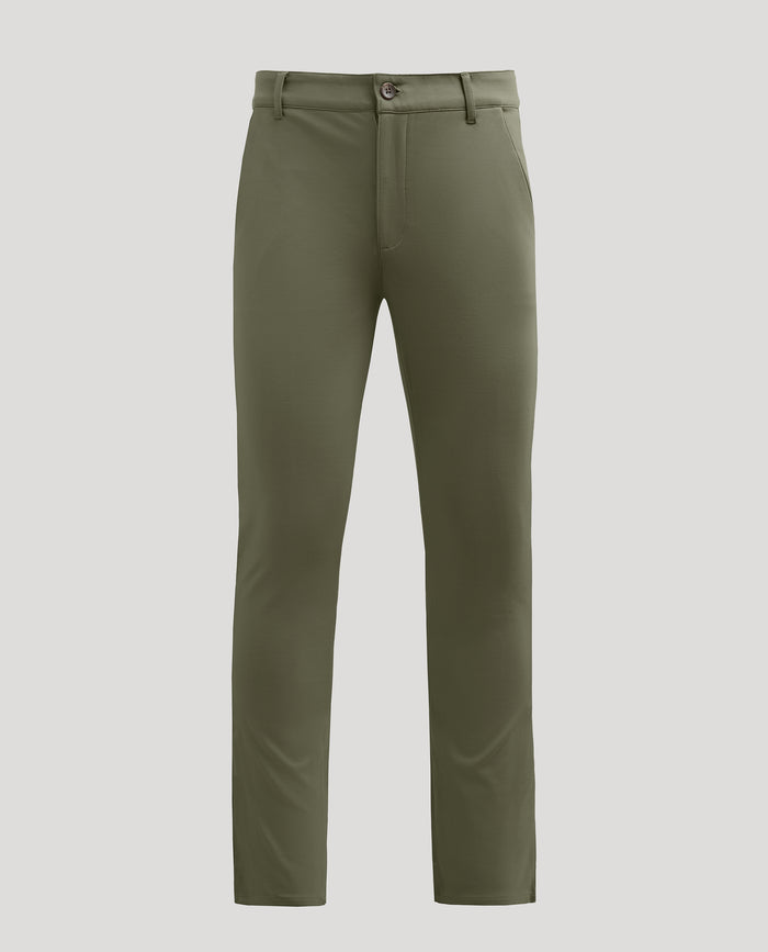 Military Green Slim Comfort Knit Chino Pant with button and zip fly.