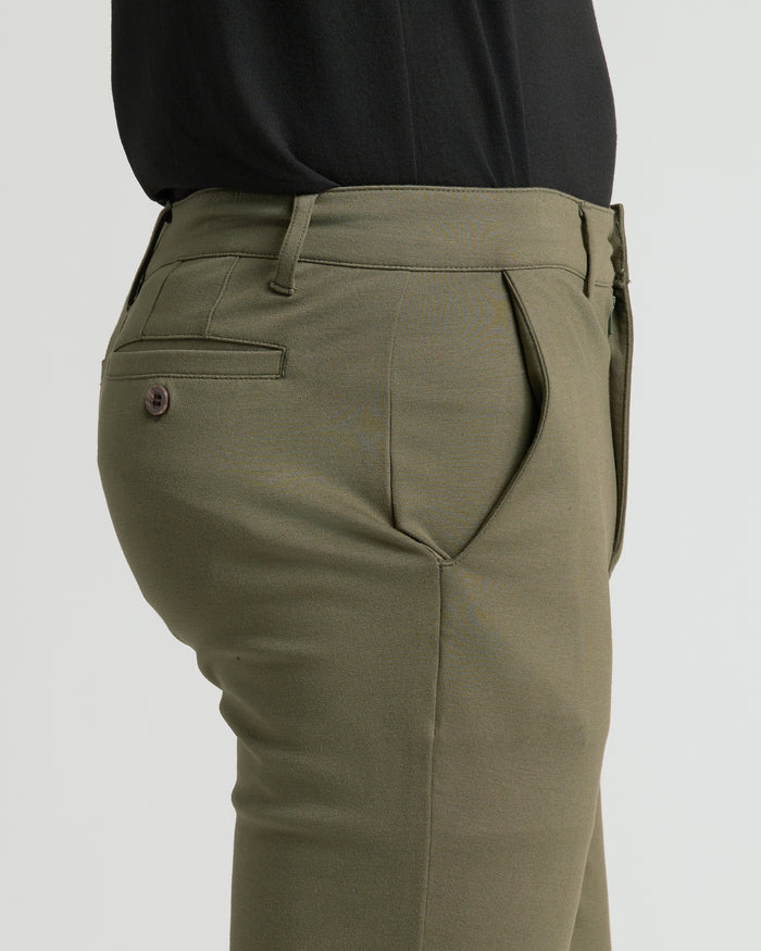 Military Green Slim Comfort Knit Chino Pant close-up, showcasing side and back pocket details.