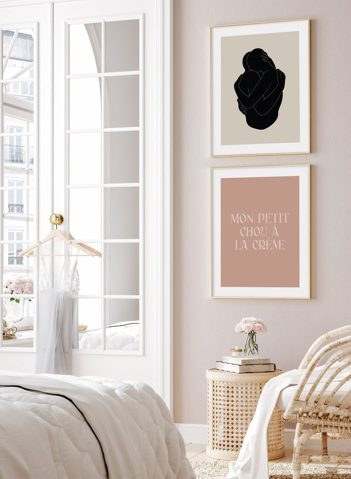 "My Little Cream Puff" is a minimalist typography poster by Opposite Wall of the word’s “my little cream puff” in French over a sandy beige background in vintage lettering.