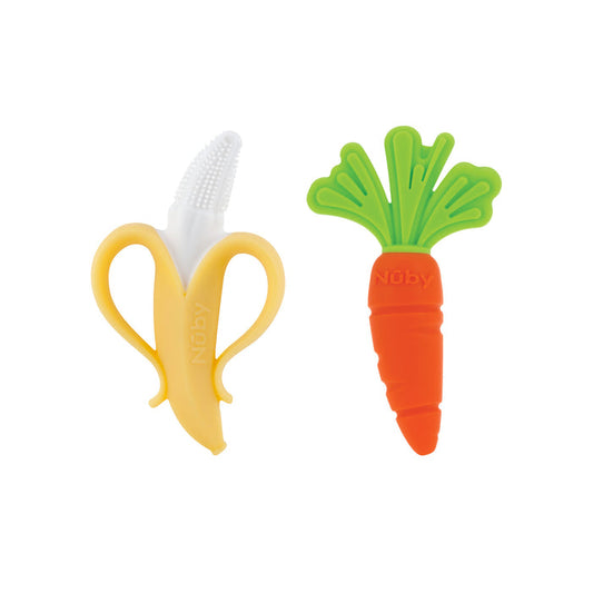 The Nuby NanaNubs Gum Massager and Carrot Teether Set includes a textured silicone banana massager and an orange carrot-shaped teether with a green top, both designed for infants to chew on.