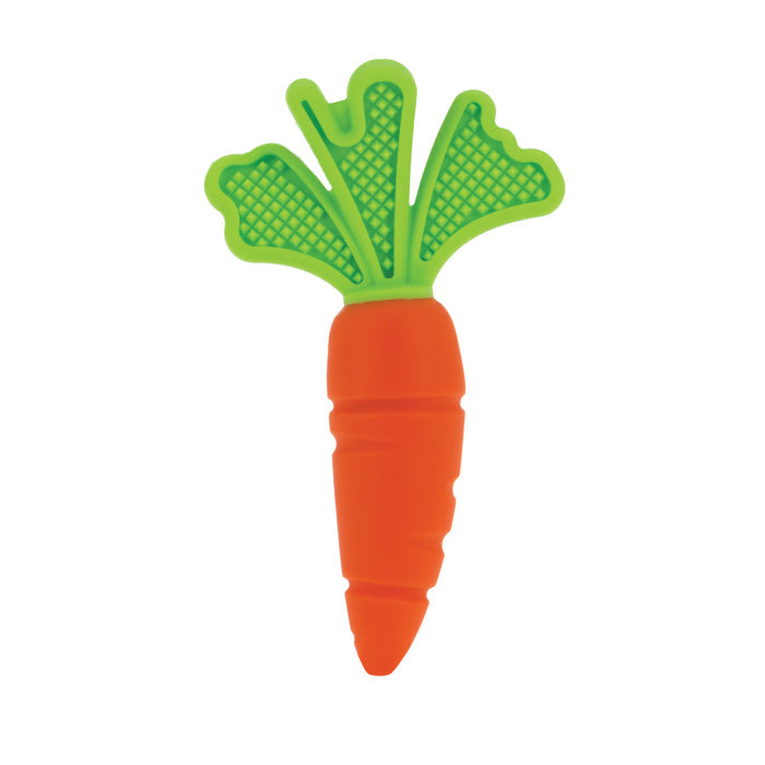 The Nuby NanaNubs Gum Massager and Carrot Teether Set features an orange, carrot-shaped silicone teether with a textured green top, designed to soothe teething infants.