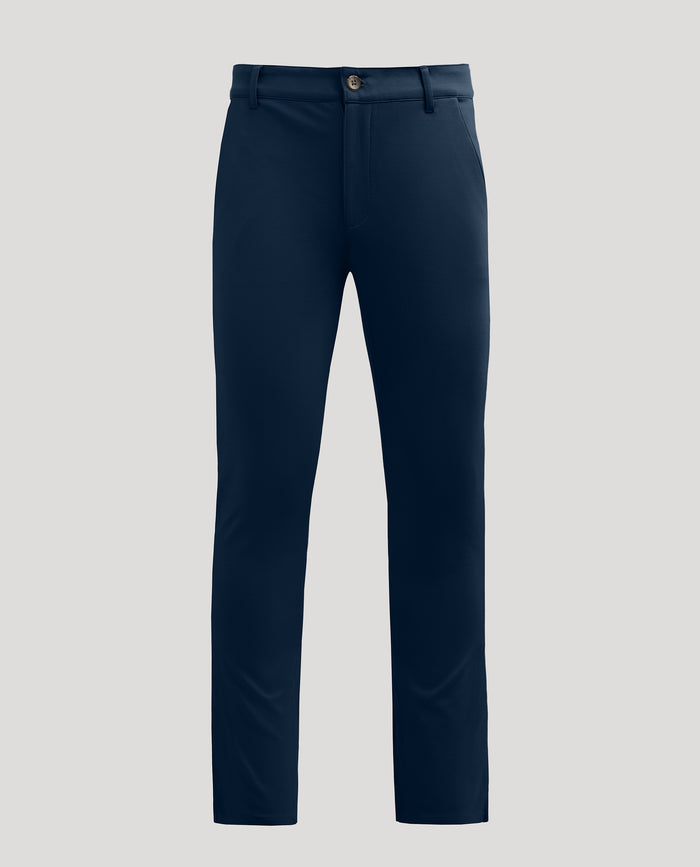 Navy Slim Comfort Knit Chino Pant, front view showing pockets and waistband.