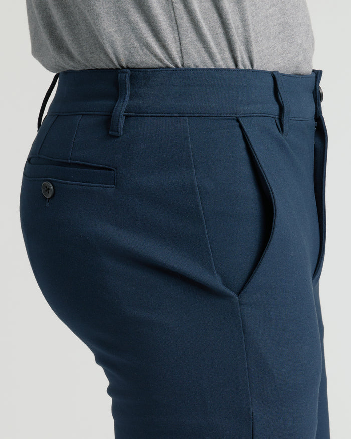 Navy Slim Comfort Knit Chino Pant with belt loops and pockets.
