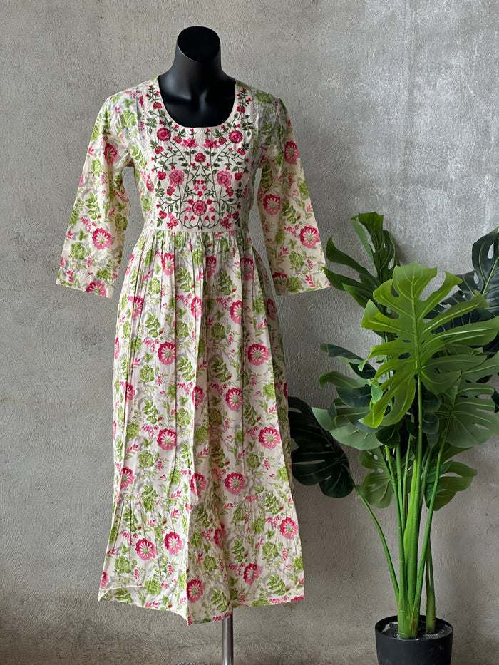 Neck emb Floral printed pure cotton Gown