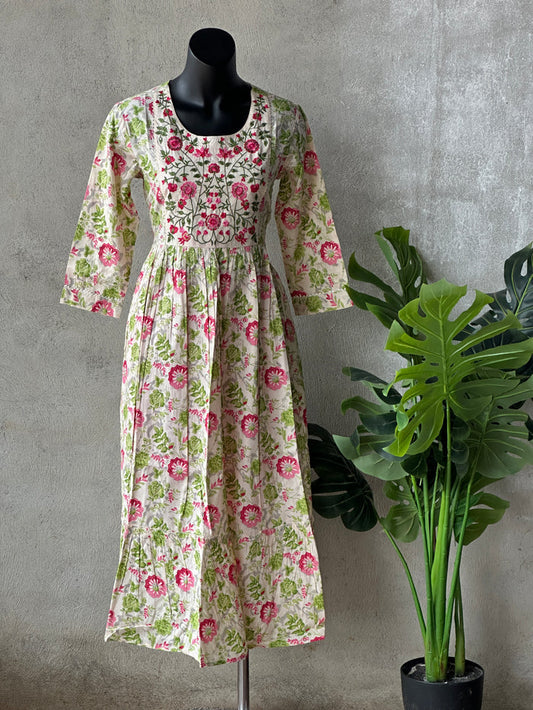 Neck emb Floral printed pure cotton Gown