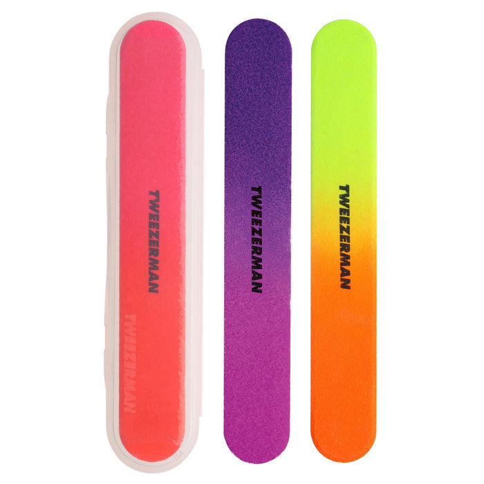 Neon Filemate Set | Tweezerman featuring three vibrant gradient emery boards in pink, purple, and yellow-orange shades, designed for effective nail care and smooth filing.