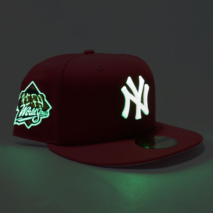 New York Yankees 1999 World Series New Era 59Fifty Fitted Hat (Glow in the Dark Logo RED Pink Under Brim)