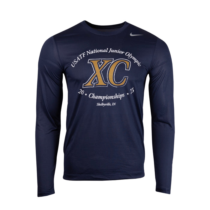 Navy long-sleeve shirt with 'USATF National Junior Olympic XC Championships' text on a white background