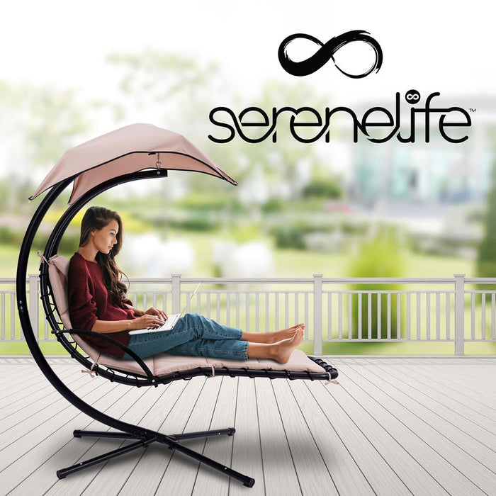 Outdoor Hanging Chaise Lounge Chair, UV Protection, Steel Frame, Beige