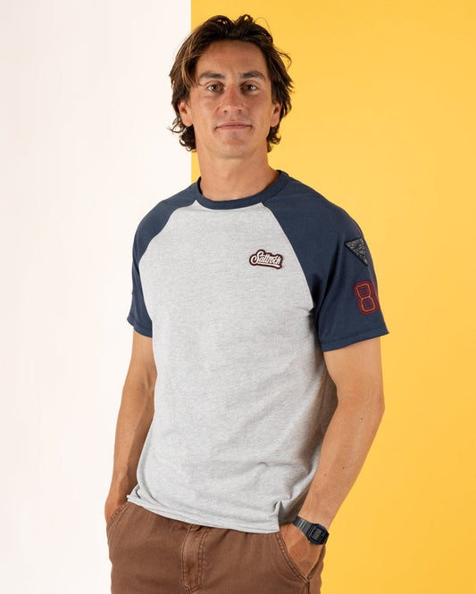 Patch Raglan Mens Short Sleeve Raglan T-Shirt in Blue/Grey