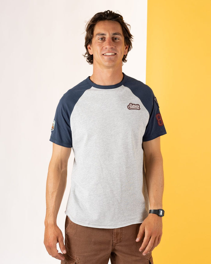 Patch Raglan Mens Short Sleeve Raglan T-Shirt in Blue/Grey