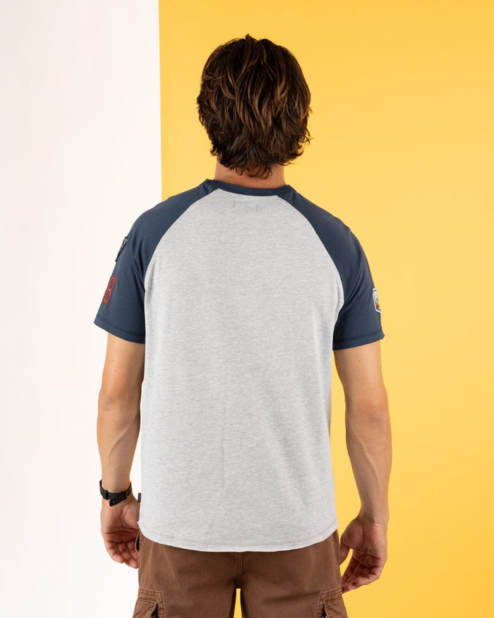Patch Raglan Mens Short Sleeve Raglan T-Shirt in Blue/Grey
