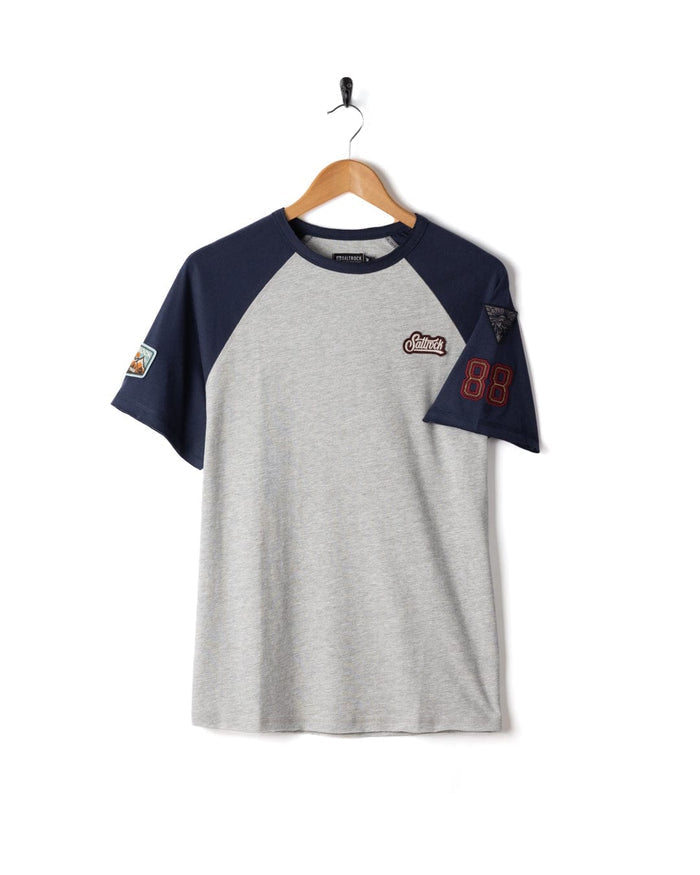 Patch Raglan Mens Short Sleeve Raglan T-Shirt in Blue/Grey