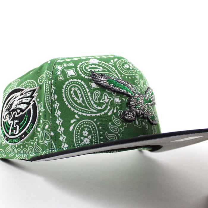 Philadelphia Eagles 75 Years New Era 59Fifty Fitted Hat (Paisley Green Camo Black Metallic Silver Under Brim)