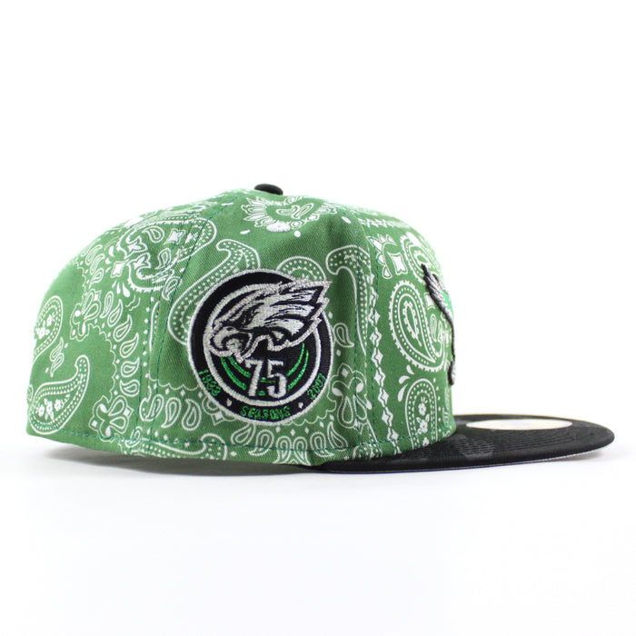 Philadelphia Eagles 75 Years New Era 59Fifty Fitted Hat (Paisley Green Camo Black Metallic Silver Under Brim)