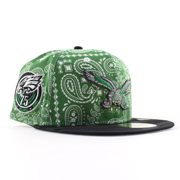 Philadelphia Eagles 75 Years New Era 59Fifty Fitted Hat (Paisley Green Camo Black Metallic Silver Under Brim)