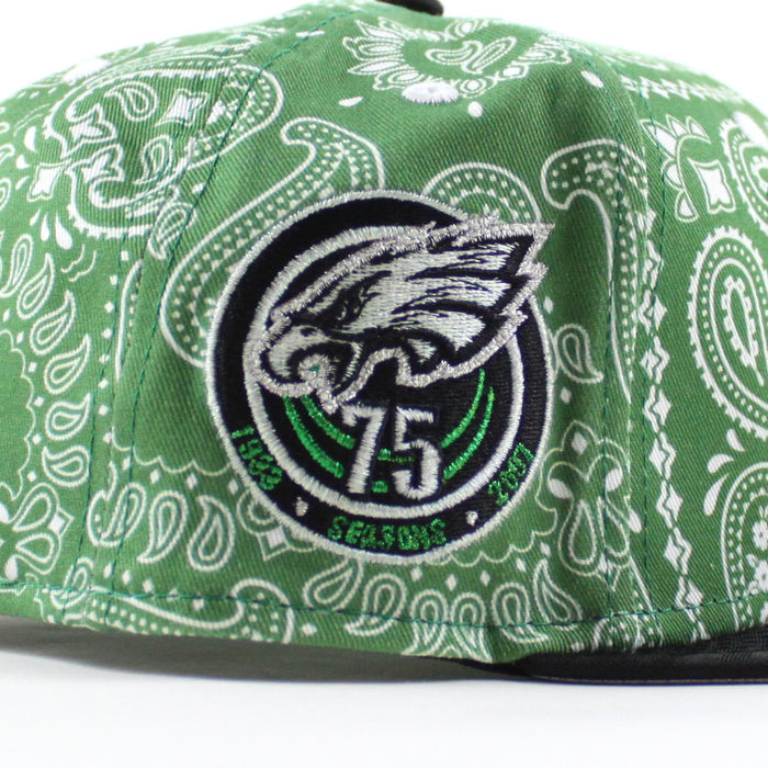 Philadelphia Eagles 75 Years New Era 59Fifty Fitted Hat (Paisley Green Camo Black Metallic Silver Under Brim)